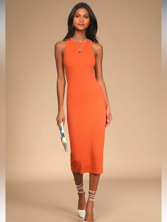 Lulus Dresses & Skirts - Lulus Sleek Orange Ribbed Midi Dress - Women's Bodycon Tank Style